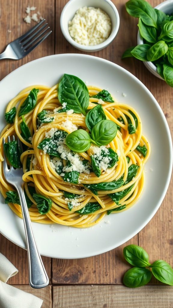 A delicious serving of spinach and parmesan pasta on a rustic table, garnished with parmesan and fresh spinach.
